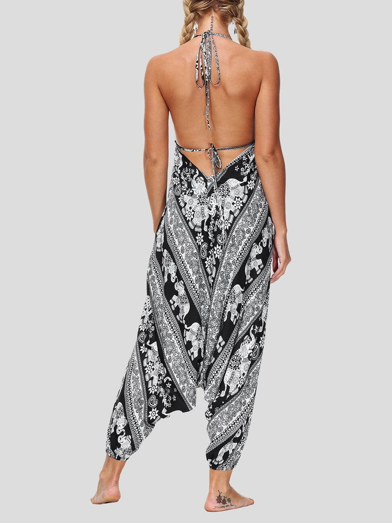 Retro Print V Neck Lace-up Halter Sports Yoga Jumpsuit - Jumpsuits & Rompers - INS | Online Fashion Free Shipping Clothing, Dresses, Tops, Shoes - 15/07/2021 - 20-30 - Bottoms
