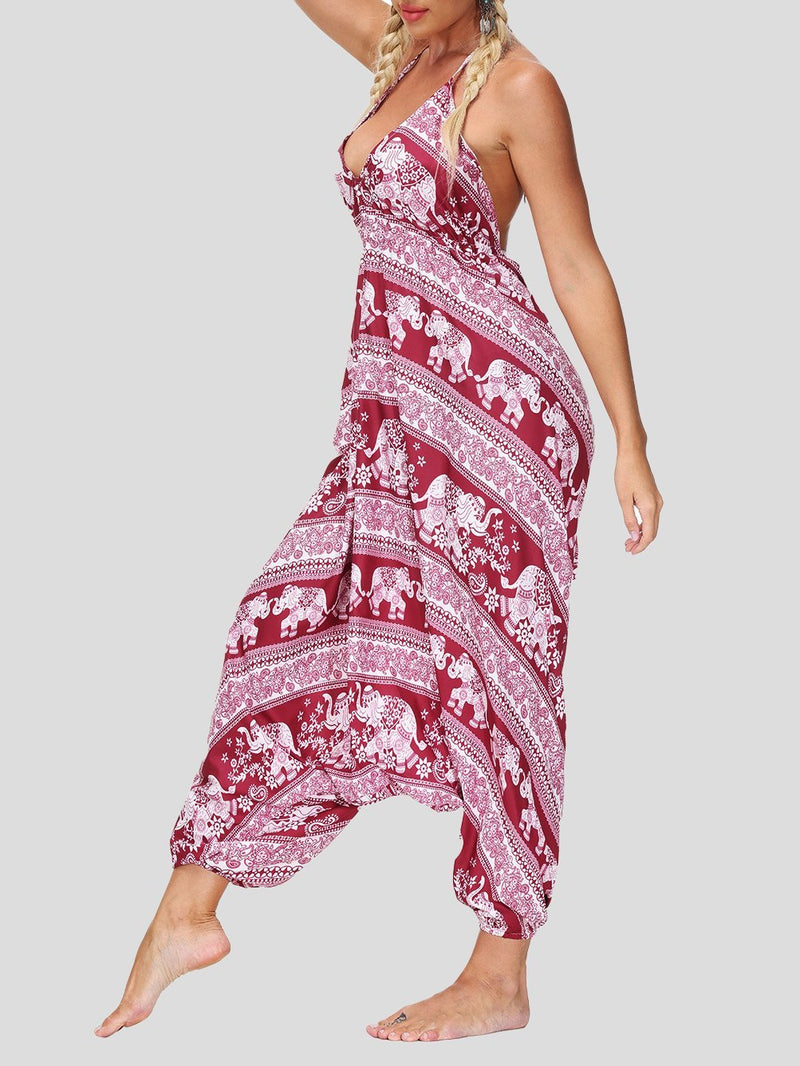 Retro Print V Neck Lace-up Halter Sports Yoga Jumpsuit - Jumpsuits & Rompers - INS | Online Fashion Free Shipping Clothing, Dresses, Tops, Shoes - 15/07/2021 - 20-30 - Bottoms