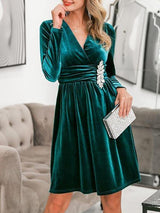 Rhinestone Detail Ruched Velvet Dress - Dresses - INS | Online Fashion Free Shipping Clothing, Dresses, Tops, Shoes - 01/27/2021 - Autumn - Color_Green