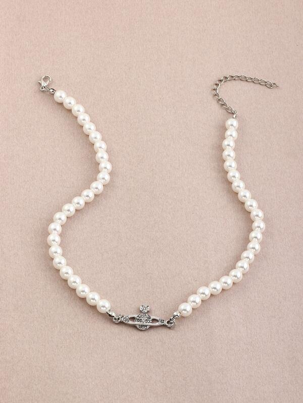 Rhinestone Planet Charm Faux Pearl Beaded Necklace - INS | Online Fashion Free Shipping Clothing, Dresses, Tops, Shoes