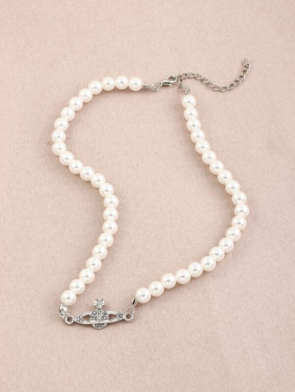 Rhinestone Planet Charm Faux Pearl Beaded Necklace - INS | Online Fashion Free Shipping Clothing, Dresses, Tops, Shoes