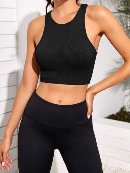 Rib-knit Racer Back Sports Tank Top - Activewear - INS | Online Fashion Free Shipping Clothing, Dresses, Tops, Shoes - 02/03/2021 - Activewear - Black