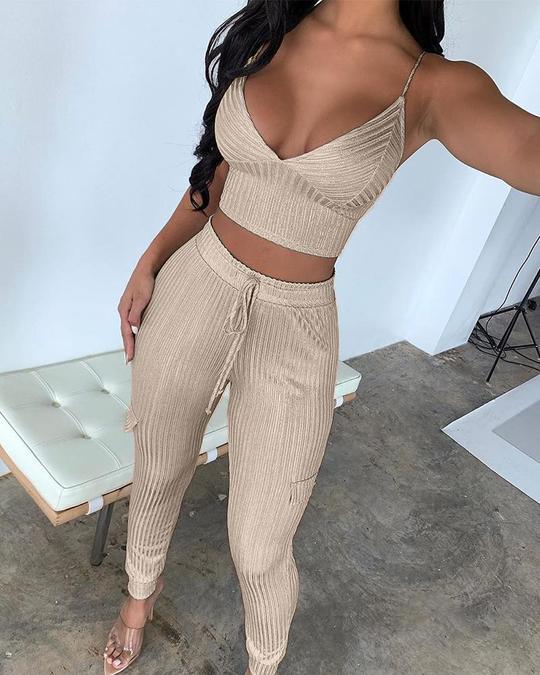 Ribbed Crop Top & Drawstring Pants Set - Sets - INS | Online Fashion Free Shipping Clothing, Dresses, Tops, Shoes - 02/18/2021 - 2 piece sets - Apricot