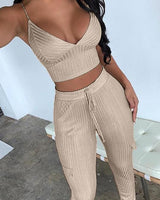Ribbed Crop Top & Drawstring Pants Set - Sets - INS | Online Fashion Free Shipping Clothing, Dresses, Tops, Shoes - 02/18/2021 - 2 piece sets - Apricot