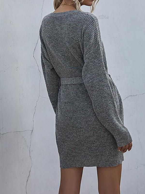 Ribbed Knit Belted Sweater Dress - Dresses - INS | Online Fashion Free Shipping Clothing, Dresses, Tops, Shoes - 02/02/2021 - Autumn - Casual Dresses