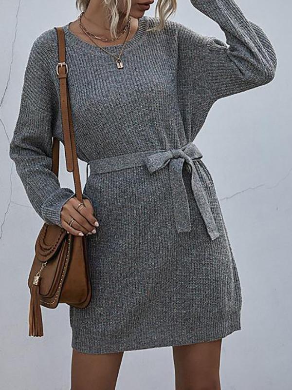 Ribbed Knit Belted Sweater Dress - Dresses - INS | Online Fashion Free Shipping Clothing, Dresses, Tops, Shoes - 02/02/2021 - Autumn - Casual Dresses
