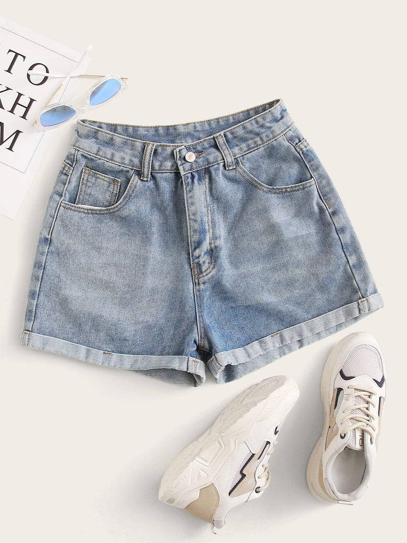 Rolled High-Rise Denim Shorts - INS | Online Fashion Free Shipping Clothing, Dresses, Tops, Shoes