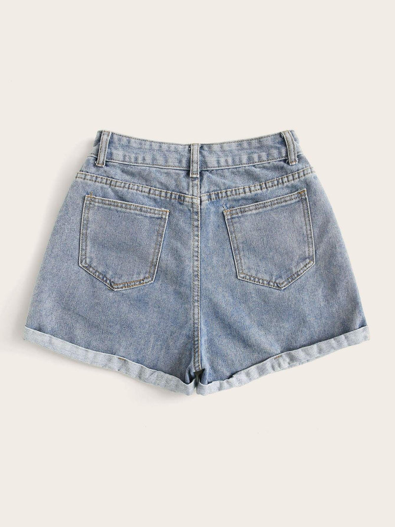 Rolled High-Rise Denim Shorts - INS | Online Fashion Free Shipping Clothing, Dresses, Tops, Shoes