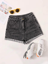 Rolled High-Rise Denim Shorts - INS | Online Fashion Free Shipping Clothing, Dresses, Tops, Shoes