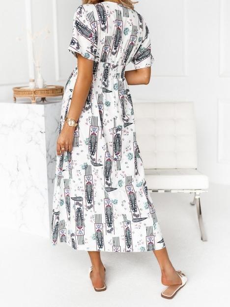 Rope Stitching Printed V-Neck Short Sleeve Dress - Maxi Dresses - INS | Online Fashion Free Shipping Clothing, Dresses, Tops, Shoes - 20-30 - 30/06/2021 - Category_Maxi Dresses