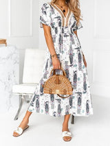Rope Stitching Printed V-Neck Short Sleeve Dress - Maxi Dresses - INS | Online Fashion Free Shipping Clothing, Dresses, Tops, Shoes - 20-30 - 30/06/2021 - Category_Maxi Dresses