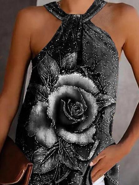 Rose Print Halterneck Strapless Tank Top - Tank Tops - INS | Online Fashion Free Shipping Clothing, Dresses, Tops, Shoes - 15/06/2021 - Color_Black - Color_Blue