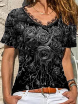 Rose Printed V-neck Plus Size T-shirt - T-Shirts - INS | Online Fashion Free Shipping Clothing, Dresses, Tops, Shoes - 10-20 - 25/06/2021 - color-black