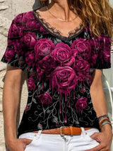 Rose Printed V-neck Plus Size T-shirt - T-Shirts - INS | Online Fashion Free Shipping Clothing, Dresses, Tops, Shoes - 10-20 - 25/06/2021 - color-black