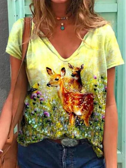 Round Neck Animal Print Short-sleeved T-shirt - T-Shirts - INS | Online Fashion Free Shipping Clothing, Dresses, Tops, Shoes - 05/19/2021 - Category_T-Shirts - Color_Blue