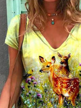 Round Neck Animal Print Short-sleeved T-shirt - T-Shirts - INS | Online Fashion Free Shipping Clothing, Dresses, Tops, Shoes - 05/19/2021 - Category_T-Shirts - Color_Blue