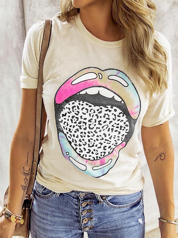 Round Neck Cartoon Mouth Print Short Sleeve T Shirt - T-Shirts - INS | Online Fashion Free Shipping Clothing, Dresses, Tops, Shoes - 14/05/2021 - 140521 - Category_T-shirts