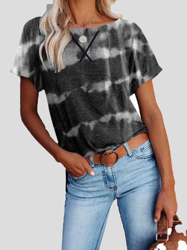Round Neck Cross Stripe Short Sleeve T-shirt - T-shirts - INS | Online Fashion Free Shipping Clothing, Dresses, Tops, Shoes - 11/06/2021 - Color_Black - Color_Blue