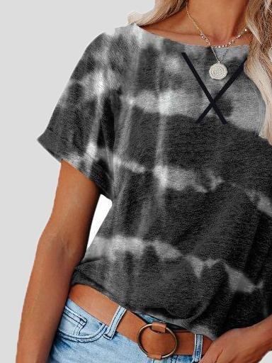 Round Neck Cross Stripe Short Sleeve T-shirt - T-shirts - INS | Online Fashion Free Shipping Clothing, Dresses, Tops, Shoes - 11/06/2021 - Color_Black - Color_Blue
