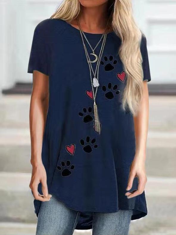 Round Neck Dog Paw Print Loose T-shirt - T-shirts - INS | Online Fashion Free Shipping Clothing, Dresses, Tops, Shoes - 10-20 - 14/07/2021 - color-blue