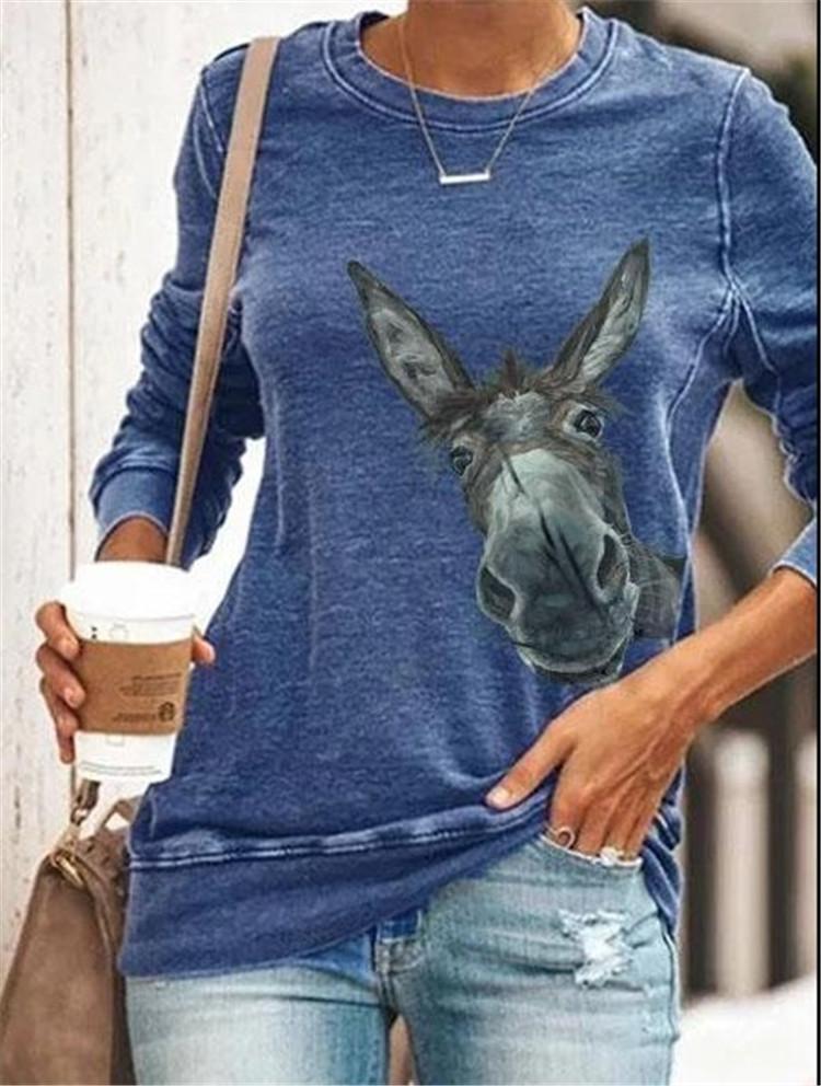 Round Neck Donkey Head Print Casual Long Sleeve T-Shirt - T-Shirts - INS | Online Fashion Free Shipping Clothing, Dresses, Tops, Shoes - 15/07/2021 - 20-30 - Category_T-Shirts