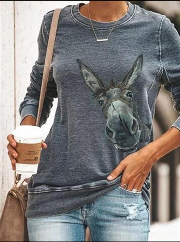 Round Neck Donkey Head Print Casual Long Sleeve T-Shirt - T-Shirts - INS | Online Fashion Free Shipping Clothing, Dresses, Tops, Shoes - 15/07/2021 - 20-30 - Category_T-Shirts