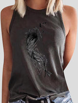 Round Neck Feather Printed Sleeveless Womens Vest - Tank Tops - INS | Online Fashion Free Shipping Clothing, Dresses, Tops, Shoes - 10-20 - 23/07/2021 - color-black