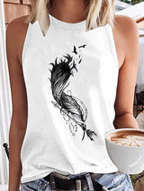 Round Neck Feather Printed Sleeveless Womens Vest - Tank Tops - INS | Online Fashion Free Shipping Clothing, Dresses, Tops, Shoes - 10-20 - 23/07/2021 - color-black