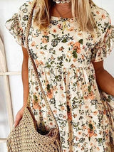 Round Neck Floral Print Short Sleeve Loose Dress - Mini Dresses - INS | Online Fashion Free Shipping Clothing, Dresses, Tops, Shoes - 09/06/2021 - Category_Mini Dresses - Color_Apricot