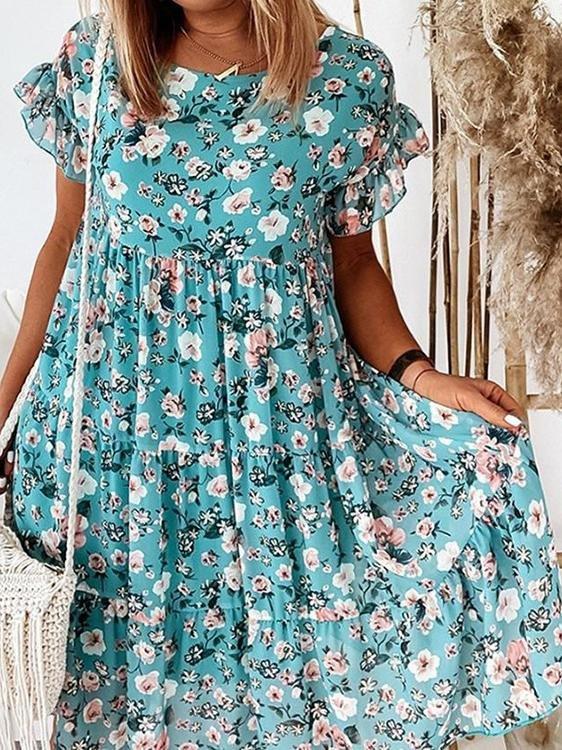 Round Neck Floral Print Short Sleeve Loose Dress - Mini Dresses - INS | Online Fashion Free Shipping Clothing, Dresses, Tops, Shoes - 09/06/2021 - Category_Mini Dresses - Color_Apricot