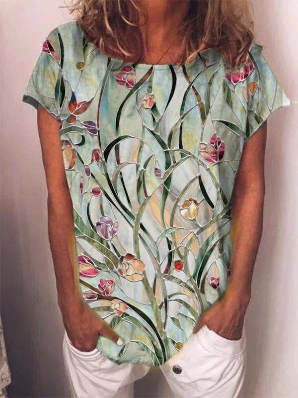 Round Neck Flower Print Short Sleeve Casual T-shirt - T-Shirts - INS | Online Fashion Free Shipping Clothing, Dresses, Tops, Shoes - 04/06/2021 - Category_T-Shirts - Color_Green
