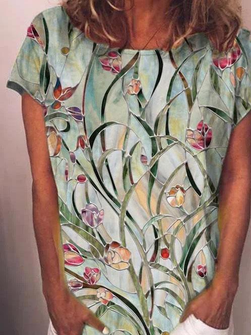 Round Neck Flower Print Short Sleeve Casual T-shirt - T-Shirts - INS | Online Fashion Free Shipping Clothing, Dresses, Tops, Shoes - 04/06/2021 - Category_T-Shirts - Color_Green