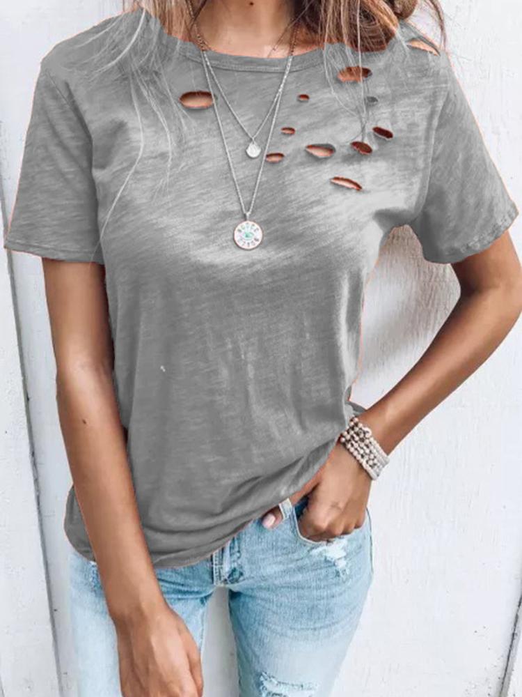 Round Neck Hole Loose Casual Short Sleeve T-Shirt - T-Shirts - INS | Online Fashion Free Shipping Clothing, Dresses, Tops, Shoes - 05/18/2021 - Category_T-Shirts - Color_Black
