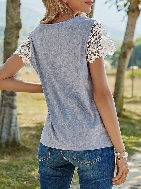 Round Neck Lace Short Sleeve Pullover T-shirt - T-shirts - INS | Online Fashion Free Shipping Clothing, Dresses, Tops, Shoes - 10-20 - 24/06/2021 - color-l