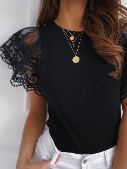 Round Neck Lace Short Sleeve T-Shirt - T-Shirts - INS | Online Fashion Free Shipping Clothing, Dresses, Tops, Shoes - 10-20 - 12/07/2021 - Category_T-Shirts