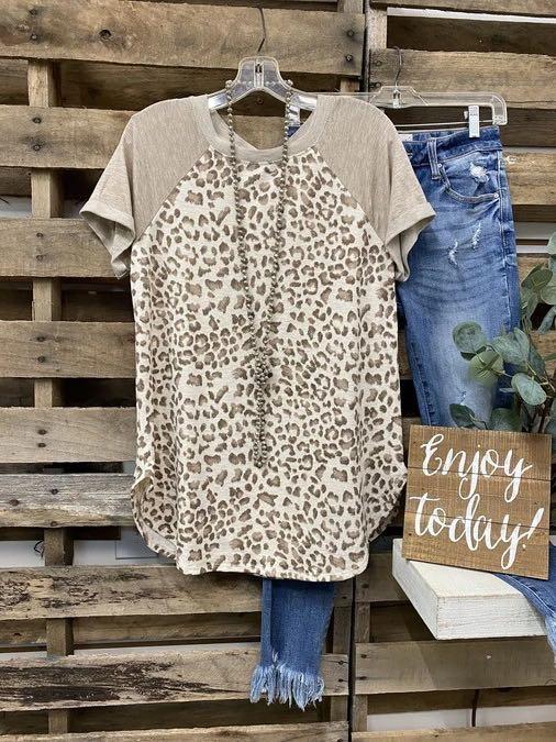 Round Neck Leopard Print Color Block Splicing Basic T-Shirt - INS | Online Fashion Free Shipping Clothing, Dresses, Tops, Shoes