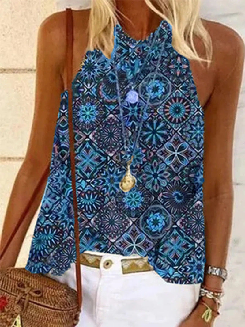 Round Neck Loose Print Off-shoulder Vest - Tank Tops - INS | Online Fashion Free Shipping Clothing, Dresses, Tops, Shoes - 10-20 - 14/07/2021 - color-blue