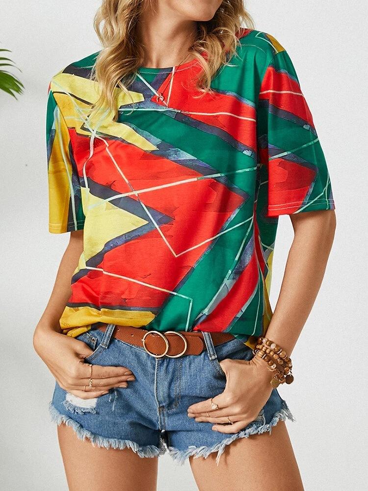 Round Neck Multicolor Print Short-sleeved T-shirt - T-shirts - INS | Online Fashion Free Shipping Clothing, Dresses, Tops, Shoes - 10-20 - 21/06/2021 - color-green