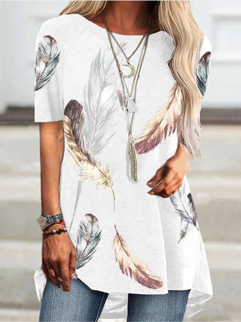 Round Neck Short Sleeve Feather Print T-Shirt - T-Shirts - INS | Online Fashion Free Shipping Clothing, Dresses, Tops, Shoes - 05/07/2021 - 10-20 - Category_T-Shirts