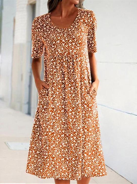 Round Neck Short Sleeve Floral Print Dress - Midi Dresses - INS | Online Fashion Free Shipping Clothing, Dresses, Tops, Shoes - 20-30 - 27/07/2021 - Category_Midi Dresses