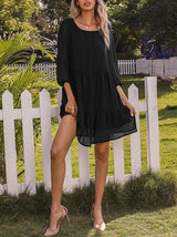 Round Neck Stitching Lace Three-quarter Sleeve Pleated Dress - Midi Dresses - INS | Online Fashion Free Shipping Clothing, Dresses, Tops, Shoes - 22/03/2021 - AMZ - Black