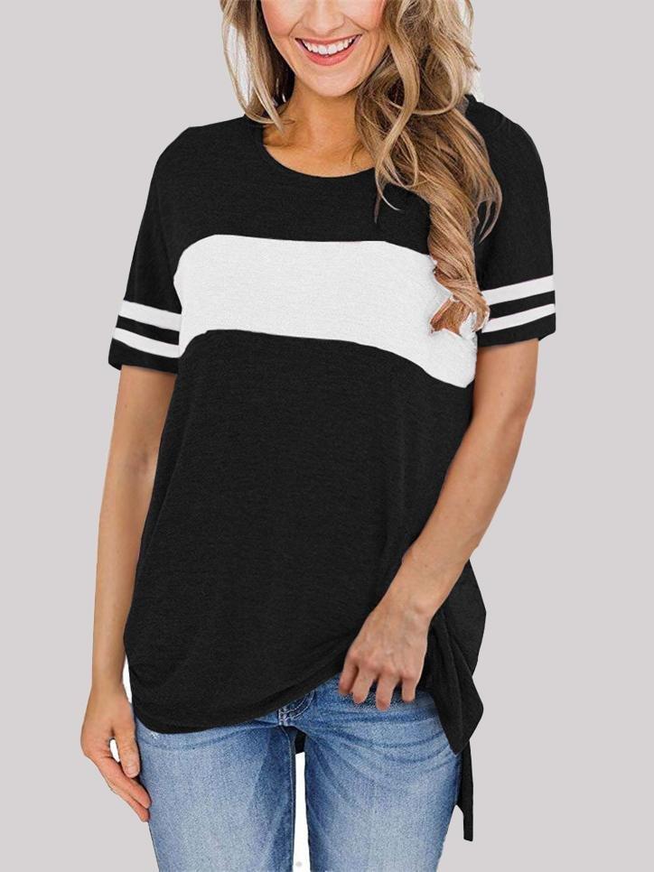 Round Neck Stitching Split Hem T-shirt - T-Shirt - INS | Online Fashion Free Shipping Clothing, Dresses, Tops, Shoes - 02/06/2021 - Color_Black - Color_Blue