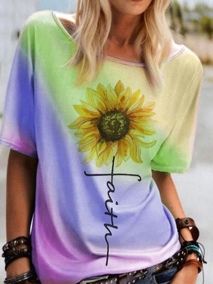 Round Neck Sunflower Print Short-sleeved T-shirt - T-shirts - INS | Online Fashion Free Shipping Clothing, Dresses, Tops, Shoes - 05/06/2021 - Color_Blue - Color_Gray