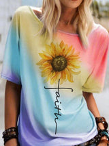 Round Neck Sunflower Print Short-sleeved T-shirt - T-shirts - INS | Online Fashion Free Shipping Clothing, Dresses, Tops, Shoes - 05/06/2021 - Color_Blue - Color_Gray