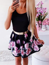 Round Neck Waist Rose Print Dress - Mini Dresses - INS | Online Fashion Free Shipping Clothing, Dresses, Tops, Shoes - 03/07/2021 - 20-30 - color-black