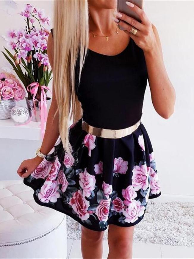 Round Neck Waist Rose Print Dress - Mini Dresses - INS | Online Fashion Free Shipping Clothing, Dresses, Tops, Shoes - 03/07/2021 - 20-30 - color-black