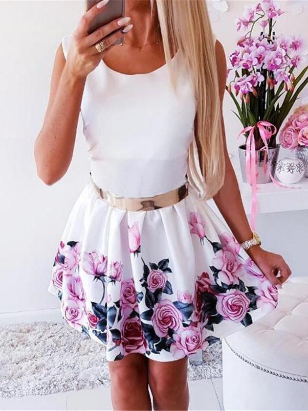 Round Neck Waist Rose Print Dress - Mini Dresses - INS | Online Fashion Free Shipping Clothing, Dresses, Tops, Shoes - 03/07/2021 - 20-30 - color-black