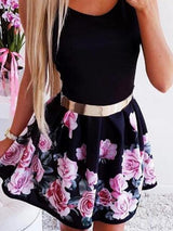 Round Neck Waist Rose Print Dress - Mini Dresses - INS | Online Fashion Free Shipping Clothing, Dresses, Tops, Shoes - 03/07/2021 - 20-30 - color-black