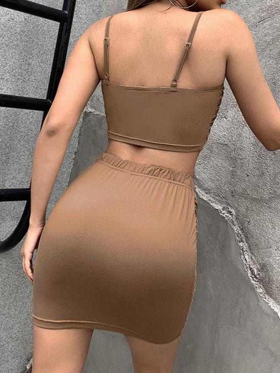 Ruched Tight Two-piece Cami Top & Bodycon Skirt Set - Two-piece Outfits - INS | Online Fashion Free Shipping Clothing, Dresses, Tops, Shoes - 23/04/2021 - Color_Brown - Color_Mocha Brown