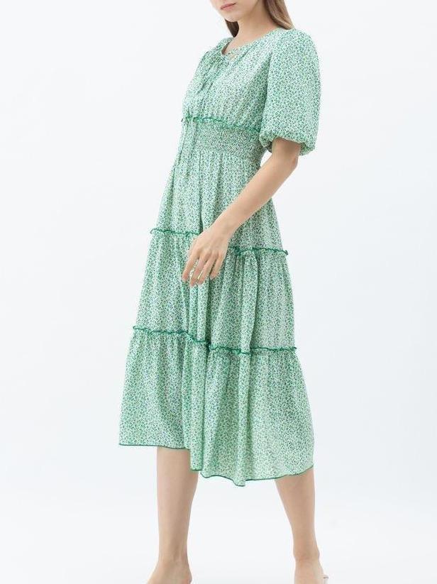 Ruffle Detail Ditsy Floral Shirred Dress In Green - Maxi Dresses - INS | Online Fashion Free Shipping Clothing, Dresses, Tops, Shoes - 23/04/2021 - chiffon-dress - Color_Green